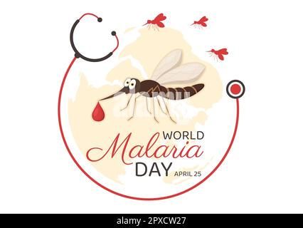 Weltmalaria-Tag am 25. April Illustration mit Erde geschützt vor Moskitos in flachem Cartoon, handgezeichnet für Webbanner oder Landing-Page-Vorlagen Stockfoto