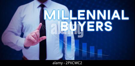 Konzeptionelle Überschrift Millennial Buyers, Wort für Verbraucherkategorien, die an Trendprodukten interessiert sind Stockfoto
