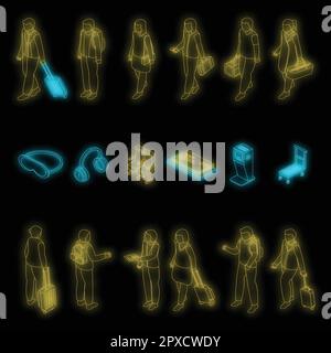 Symbole für Flugpassagiere eingestellt. Isometrischer Satz von Vektorsymbolen für Flugpassagiere Neonfarbe auf Schwarz Stock Vektor