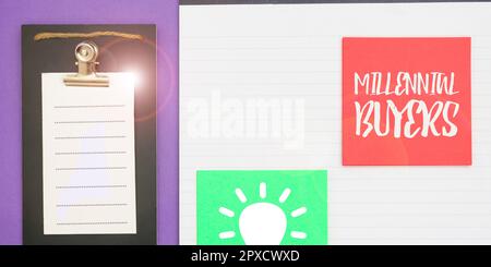 Konzeptionelle Überschrift Millennial Buyers, Wort für Verbraucherkategorien, die an Trendprodukten interessiert sind Stockfoto