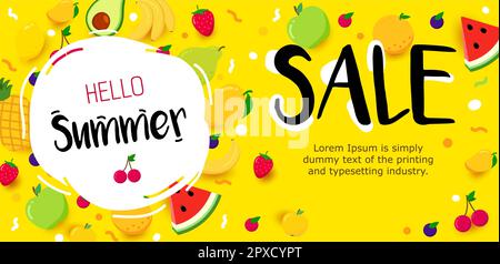 Horizontales Banner für Sommerangebote mit leuchtenden Früchten auf gelbem Hintergrund. Farbenfrohes Bannerdesign im Sommer-Layout. Platz für Text. Beschriftungskonzept für den Abschlussball Stock Vektor