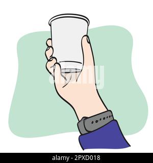 Großhandaufnahme eines Geschäftsmannes mit Einwegbecher Illustration Vektor Hand isoliert auf weißem Hintergrund gezeichnet Strichkunst. Stock Vektor