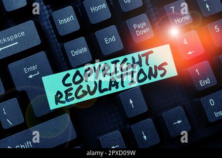 Textzeichen mit Copyright-Vorschriften, Business-Idee-Gesetzeskorpus, der die Originalwerke der Urheberschaft regelt Stockfoto