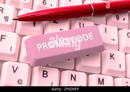 Handgeschriebener Text Promo Code, ein Wort auf digitalen Nummern, das Ihnen einen guten Rabatt auf bestimmte Produkte bietet Stockfoto