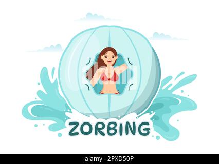 Zorbing Illustration mit Personen, die in handgezogenen Vorlagen für flache Cartoons Bubble Bump auf grünem Feld oder Pool für Webbanner oder Landing Page spielen Stockfoto