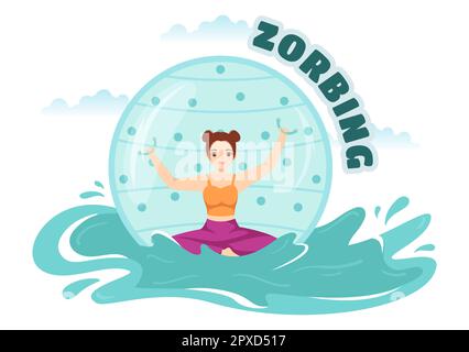 Zorbing Illustration mit Personen, die in handgezogenen Vorlagen für flache Cartoons Bubble Bump auf grünem Feld oder Pool für Webbanner oder Landing Page spielen Stockfoto