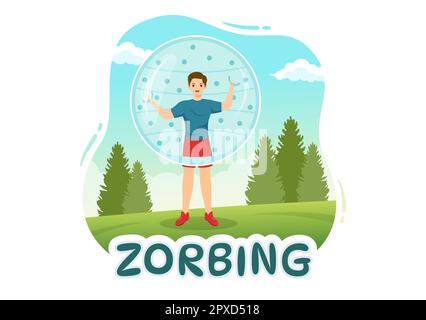 Zorbing Illustration mit Personen, die in handgezogenen Vorlagen für flache Cartoons Bubble Bump auf grünem Feld oder Pool für Webbanner oder Landing Page spielen Stockfoto