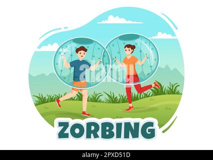 Zorbing Illustration mit Personen, die in handgezogenen Vorlagen für flache Cartoons Bubble Bump auf grünem Feld oder Pool für Webbanner oder Landing Page spielen Stockfoto