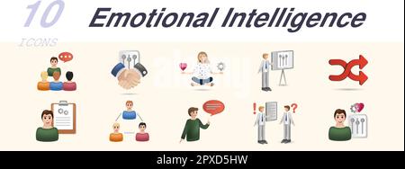 Emotionale Intelligenz eingestellt. Kreative Symbole: Öffentliches Reden, soziale Kompetenz, Stressmanagement, Präsentationsfähigkeiten, Flexibilität, Kritisch Stock Vektor