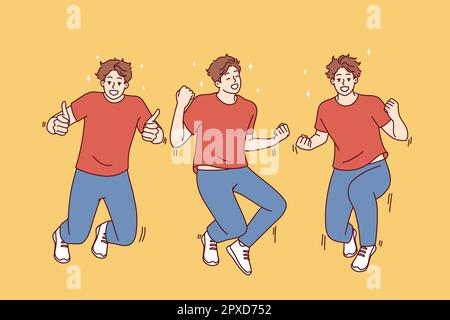 Junger Mann springt auf, macht siegreiche Gesten und fühlt Freude und Glück von der Gewinnerwette oder dem Jackpot. Der Typ in lässiger Kleidung und Turnschuhen war überglücklich Stockfoto