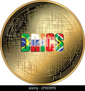 BRICS Kryptowährung Fantasy Gold-Token mit Flaggen, Vektordarstellung Stock Vektor