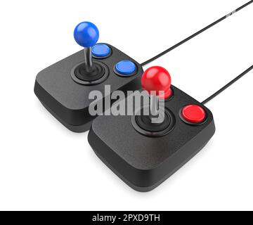 Zwei Joysticks im Retro-Stil auf weißem Hintergrund Stockfoto