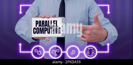 Textzeichen mit paralleler Datenverarbeitung, simultane Konzeptfoto-Berechnung mittels Software und Hardware Stockfoto