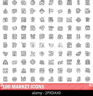 100 Marktsymbole eingestellt. Gliederungsdarstellung von 100 Marktsymbolen, Vektorsatz isoliert auf weißem Hintergrund Stock Vektor