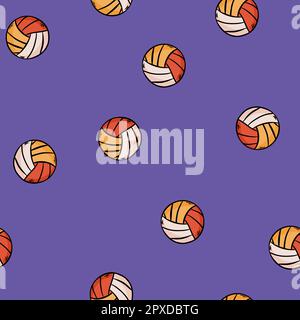 Volleyball-Illustration auf blauem Hintergrund. Farbe Gelb und Weiß mit blauem Umriss. Nahtloses Muster. Handgezeichneter Vektor. doodle Art für Tapete, w Stock Vektor