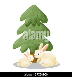Zwei süße Kaninchen unter immergrünem Baum. Vektor-Cartoon-Illustration. Mutter und Kaninchenbabys. Stock Vektor