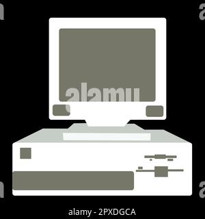 Schwarz-weiß Retro, Vintage, Hipster, alter Computer aus den 80ern, 90er Jahren mit einer Systemeinheit, die sich unter dem Monitor auf schwarzem Hintergrund befindet.Vector Il Stock Vektor