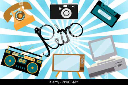 Eine Reihe von Retro-Elektronik, Technologie. Old, Vintage, Retro, Hipster, Antique Kinescope TV, Computer mit Diskette, Diskettenlaufwerk, Kamera, Kassetten-Audio t Stock Vektor
