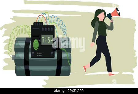 Das Mädchen verkündet die Zeitbombe in einem Megafon. Stock Vektor