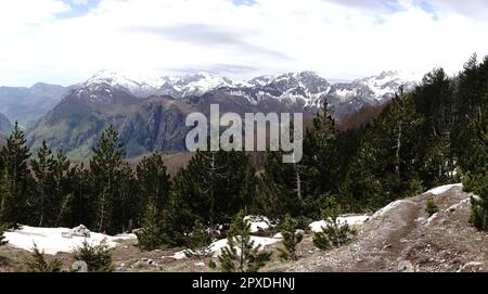 Blick auf das grüne Tal von Theth nach Valbone Wanderung mit schneebedeckten verfluchten Bergen, Theth, Albanien Stockfoto