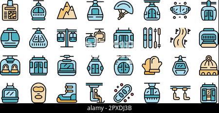 Skiliftsymbole legen den Umrissvektor fest. Resort-Piste. Winter Hill, dünne Linie, Farbe auf Weiß Stock Vektor