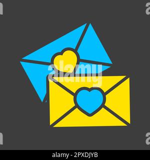 Symbol für zwei Umschläge auf dunklem Hintergrund. Liebesbrief. Valentinstag-Symbol. Vektordarstellung, Romantikelemente. Aufkleber, Patch, Abzeichen, Karte für Stockfoto