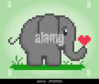 8-Bit-Pixel-Elefant, der ein Herz hält. Tiere für Spielelemente in Vektorbildern. Stock Vektor