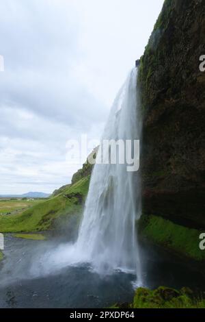 Seljalandsfoss fällt im Sommer Aussicht, Island. Isländische Landschaft. Stockfoto