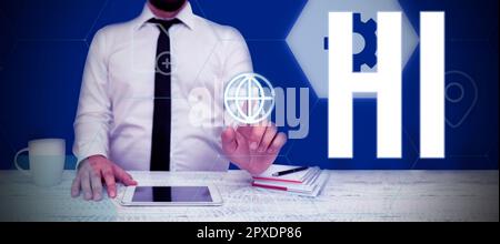 Schild mit „Hi, Business Concept“ als Begrüßung oder um ein Telefongespräch zu beginnen. Begrüßen Sie jemanden Stockfoto