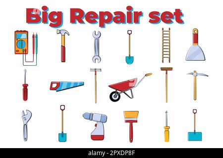 Großer Satz an Symbolen für Bauwerkzeuge für Hausreparaturen und Gartenwerkzeuge: Hammer, Schraubendreher, Schaufel, Rechen, Säge, Bürste, Schraubenschlüssel, Wagen. Bearbeitbare Vektorillu Stock Vektor