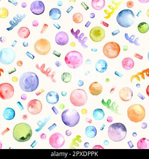 Abstrakter, wasserfarbener Geburtstagsfeier-Hintergrund. Handgezeichnete mehrfarbige geometrische Formen nahtloses Muster. Aquarelle Textur in Regenbogenfarben. Drucken für Stockfoto