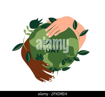 Verschiedene Hände halten den Planeten Erde mit grünen Blättern, die darauf wachsen, isoliert, weißer Hintergrund. Ökologische Bewegung, ökologische Unterstützung, Verantwortung Stockfoto