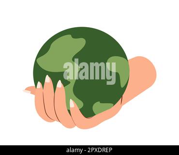 Hand haltender Planet Erde mit grünen Blättern, isoliert, weißer Hintergrund. Ökologische Bewegung, ökologische Unterstützung, Verantwortung für die Natur. Flach Stockfoto