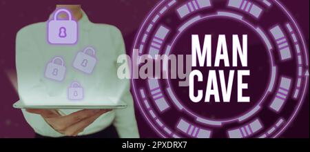 Schrift mit Text man Cave, Word für ein Zimmer, einen Wohnbereich oder einen Wohnbereich, der für einen Mann reserviert ist Stockfoto