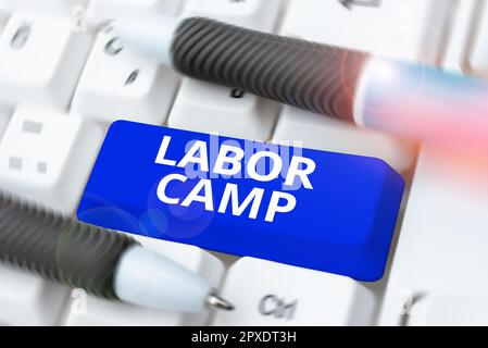 Schreiben mit Text Labor Camp, Business overview eine Strafkolonie, in der Zwangsarbeit geleistet wird Stockfoto