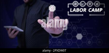 Schreiben mit Text Labor Camp, Business overview eine Strafkolonie, in der Zwangsarbeit geleistet wird Stockfoto