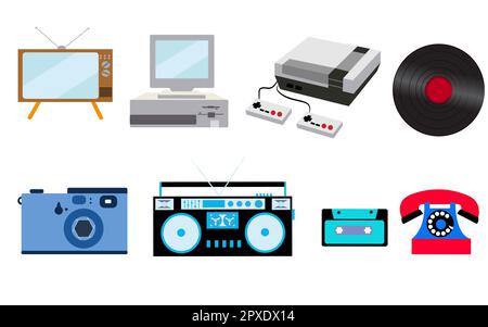 Alte Retro-Hipster-Technologie, Elektronik: Computer, Audiorecorder, Spielekonsole, Audiokassette, Diskettentelefon, Schallplatte, Kamera Stock Vektor
