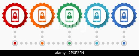 Online-Kundenservice über Smartphone, Satz von Vektorsymbolen, farbenfrohe Infografiken, Satz von flachen Badge-Symbolen in 5 Farboptionen Stock Vektor