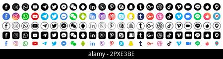 Vinnytsia, Ukraine - 1. Mai 2023. Die beliebtesten Social-Media-Symbole: Facebook, Instagram, WhatsApp, YouTube, Telegram, Viber, Pinterest, Skype, S. Stock Vektor