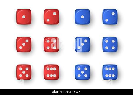 Vector 3D realistisch Rot und Blau Spiel Würfel Symbolset Nahaufnahme isoliert auf weißem Hintergrund. Spielwürfel für Glücksspiel, Casino Dices von 1 bis 6 Punkte, Stockfoto