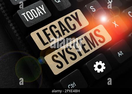 Inspiration mit Signage Legacy Systems, Geschäftsübersicht, Computersystem mit alter Methodentechnologie oder Anwendungsprogramm Stockfoto