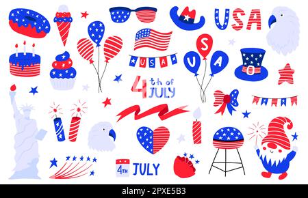 Satz nationaler Symbole der USA für den Unabhängigkeitstag. 4. Juli Clip Art. Hut, Ballons, Stern, Gnom, Adler, amerikanische Flagge, Freiheitsstatue. Vektor i Stock Vektor