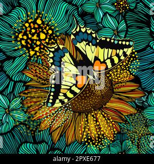 Nahtloses Blumenmuster. Türkisfarbene Blumen mit gelbem Schmetterling. Vektordarstellung Stock Vektor