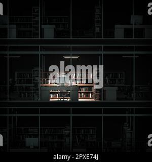 Großes Fenster mit einem beleuchteten Büro. 3D-Rendern Stockfoto