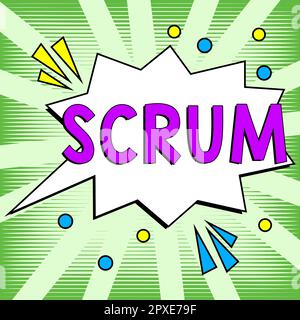 Textzeichen mit Scrum, Wort auf Handschrift, das sich von gedruckten Spielfiguren unterscheidet Stockfoto