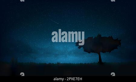 Nachts strahlender Sternenhimmel, einsamer Baum auf der Wiese. Dunkelblauer Hintergrund mit Sternen, Nebel, Meteor. Sternenlicht-Nacht in der Natur, Kosmos. Vektor Stock Vektor