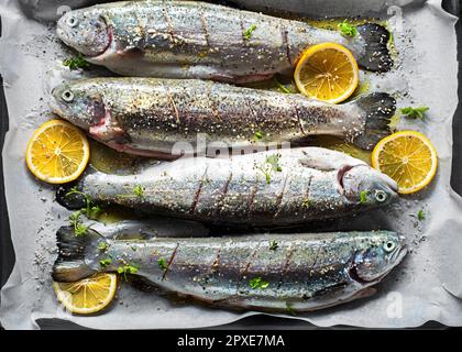 Frische Regenbogenforellen mit Salz, Zitrone und Kräutern. Leckere Fische bereiten sich auf das Mittagessen vor. Stockfoto