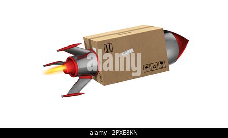 Der Karton fliegt schnell mit Rakete. Konzeptpriorität Lieferungen. 3D-Rendern Stockfoto