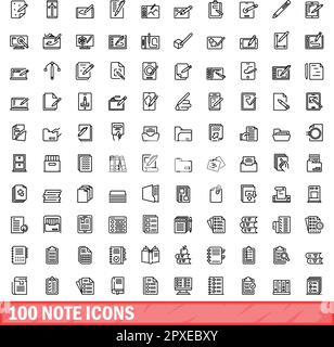 100 Notizensymbole eingestellt. Umrissdarstellung der 100-Notizsymbole Vektorsatz isoliert auf weißem Hintergrund Stock Vektor