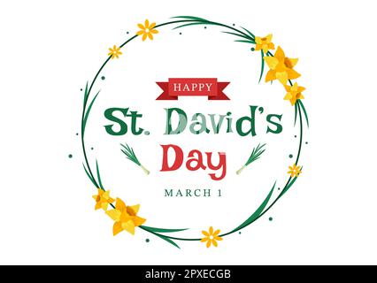 Happy St David's Day am 1. März: Illustration mit walisischen Drachen und gelben Narzissen für Landing Page in Flat Cartoon handgezeichnete Vorlagen Stockfoto